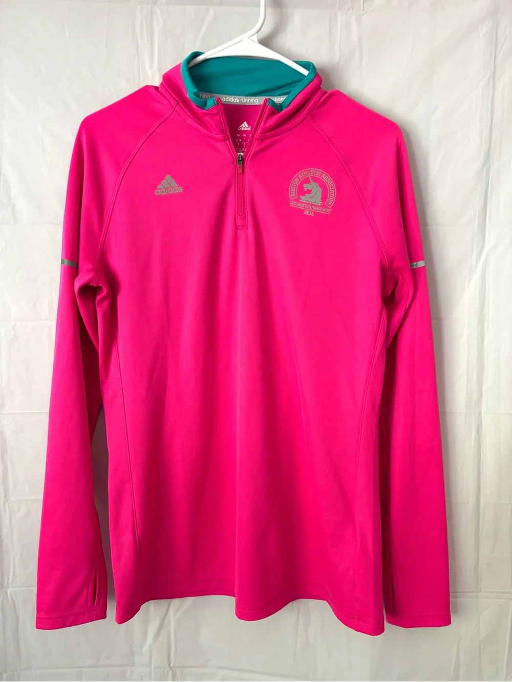 Addias Pink Boston Marathon 2016 Quarter-Zip Training Jacket SZ L Worn 1X - Picture 1 of 14